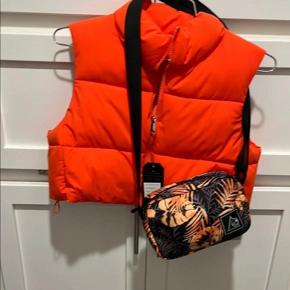 Bright Orange Puffer Vest with Tropical Print Bag - Picture 6 of 7